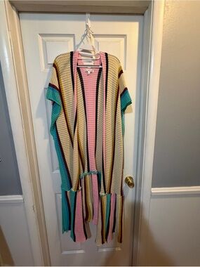 Kimono Colorful Open  Knit Stripes By Blakeley OS Teal, Pink, Neutrals